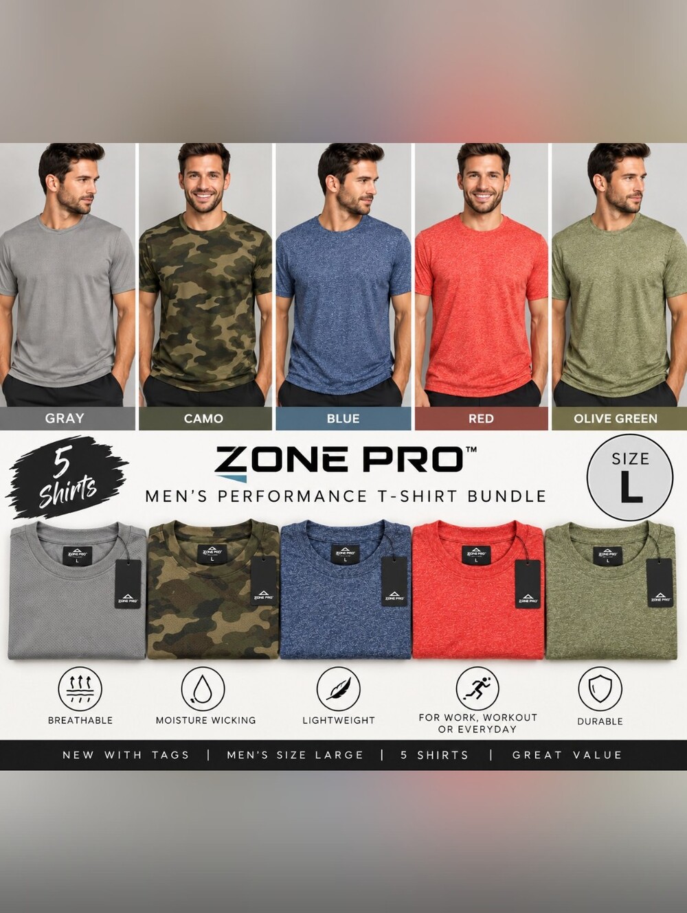 NWT Men’s Large Zone Pro Performance T-Shirt Bundle – 5 Shirts